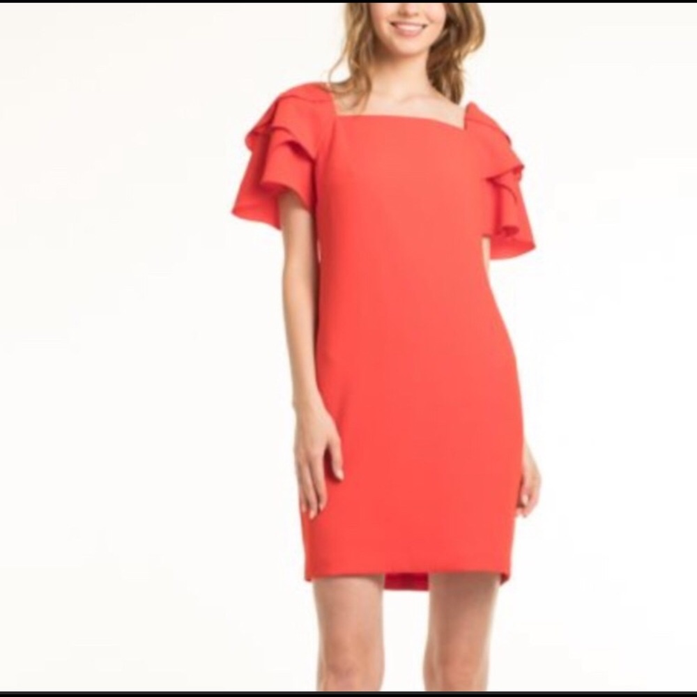 Trina Turk Flutter Sleeves V Neck Dress 8 Red